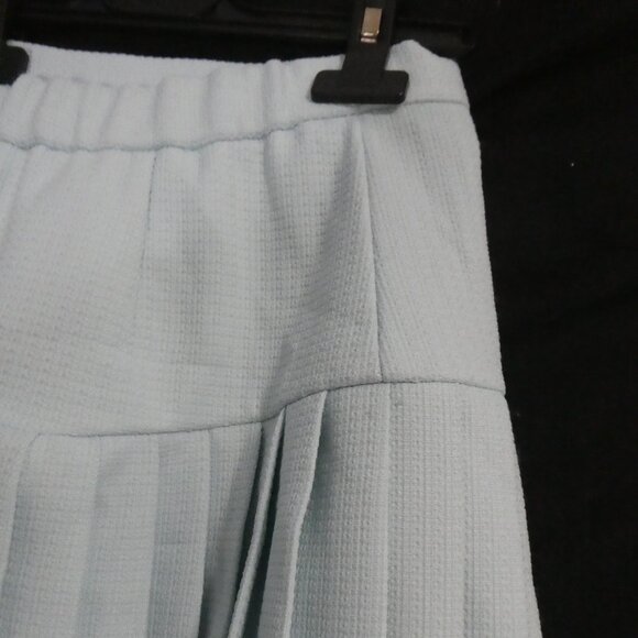 Textured Light Blue Lined Pleated Skirt | size 36 | Button and Zip Side Closure - Picture 12 of 15